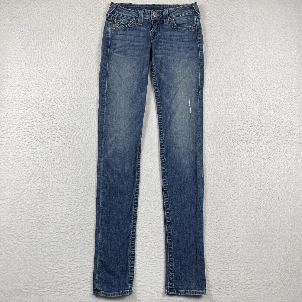 True Religion Jeans Womens 25 Blue Denim Skinny Flap Pockets Distress Casual‎